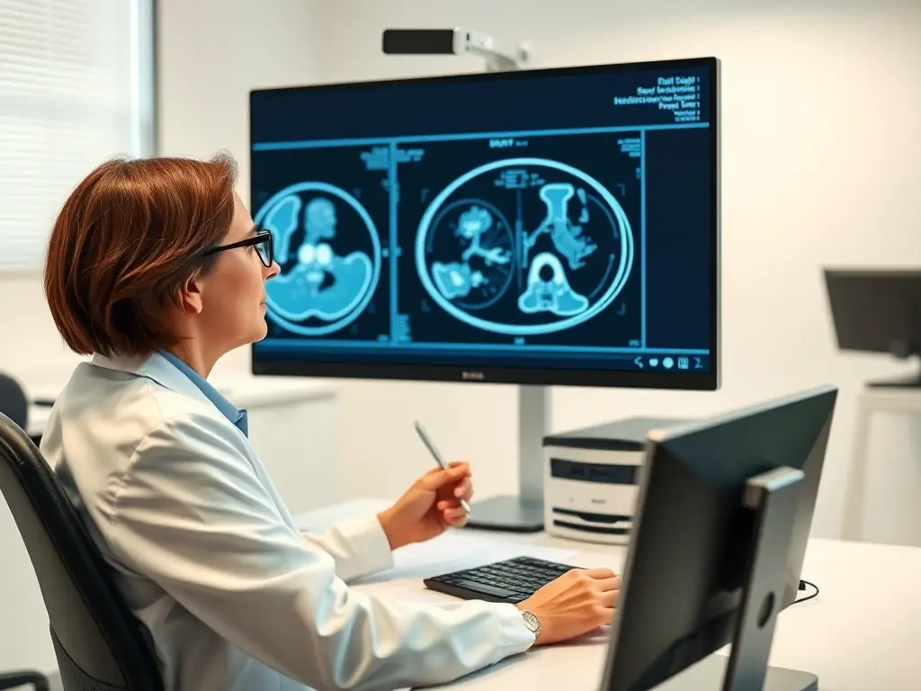 A radiologist carefully examines a detailed CT scan image on a high-resolution monitor, focusing on intricate anatomical structures to identify potential abnormalities.