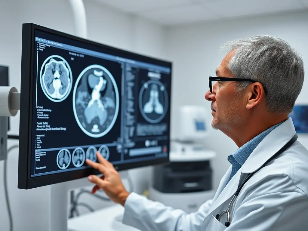 A radiologist reviewing a detailed CT scan on a high-resolution monitor, showcasing the precision and accuracy of Nexa-Radiology's reporting.