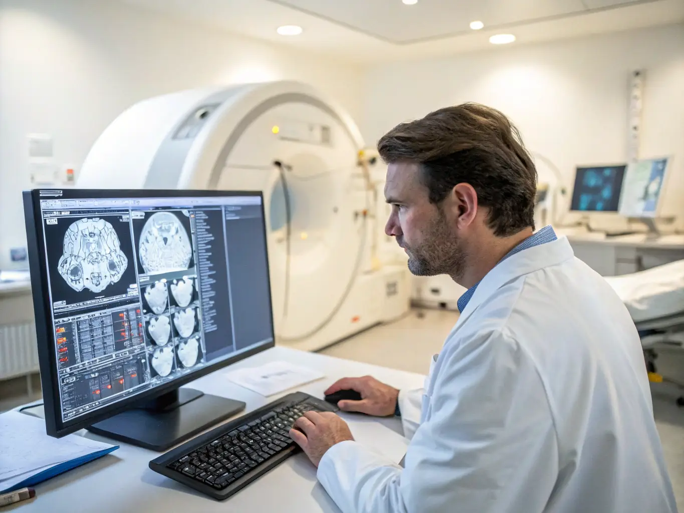 A radiologist carefully examines a detailed MRI scan of the brain, highlighting the precision and expertise involved in neurological imaging at Nexa-Radiology.
