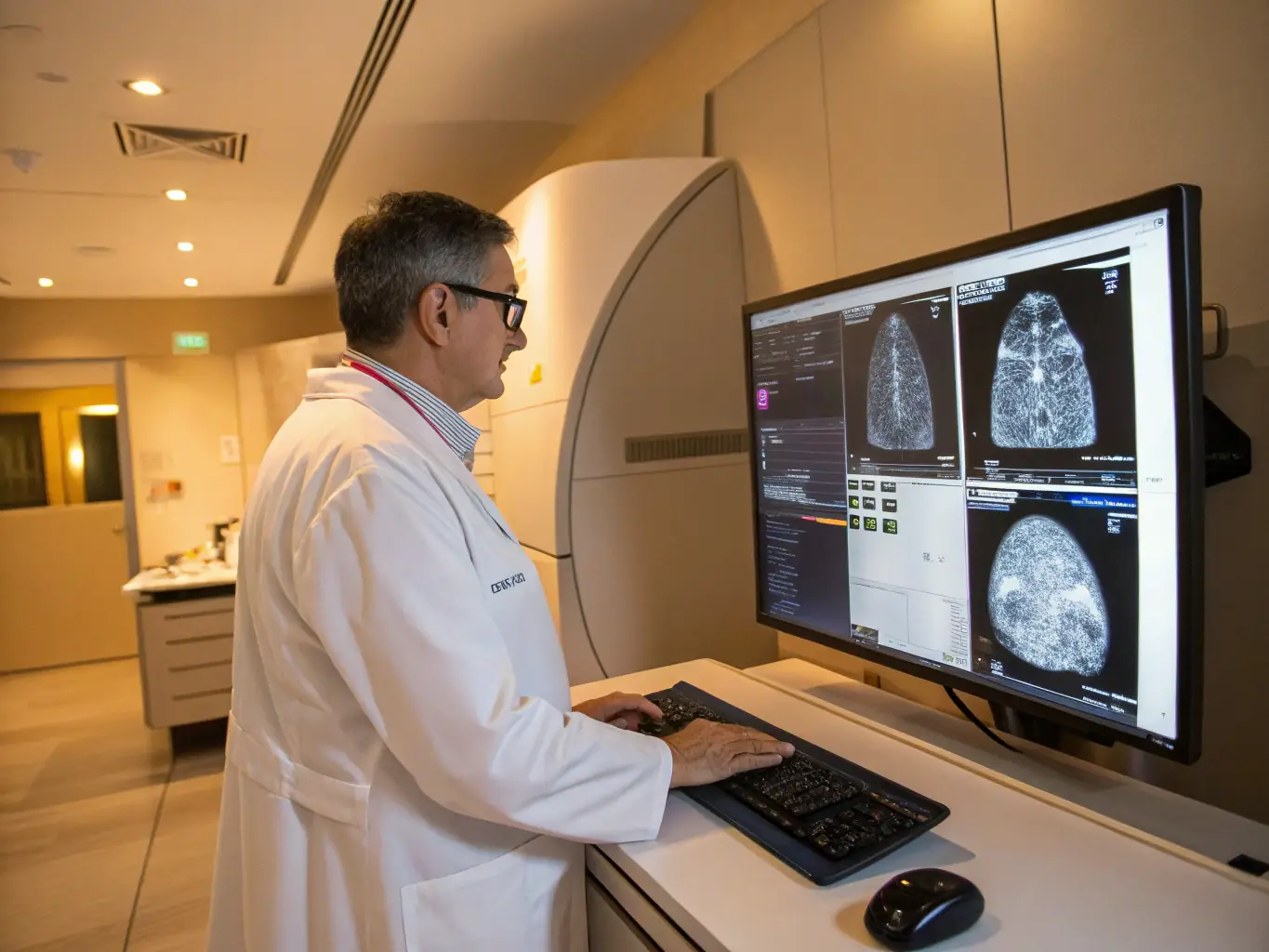 A radiologist reviews a high-resolution CT scan of the chest, showcasing the advanced technology used for pulmonary diagnostics at Nexa-Radiology.