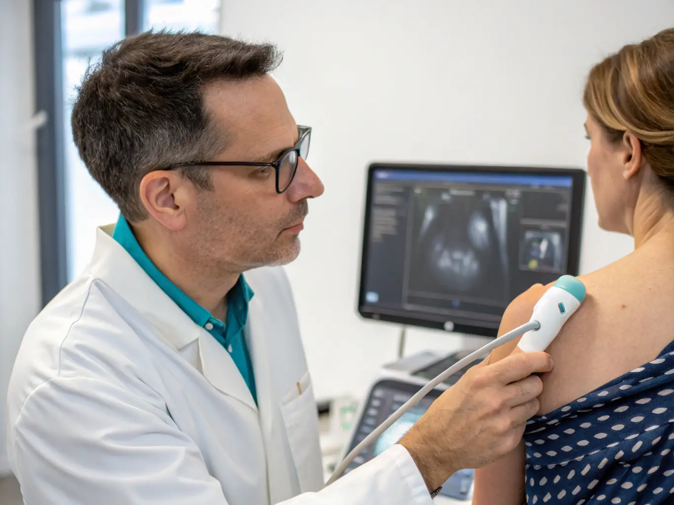 A radiologist analyzes an ultrasound image, focusing on real-time visualization of internal organs and blood flow to assess various medical conditions.