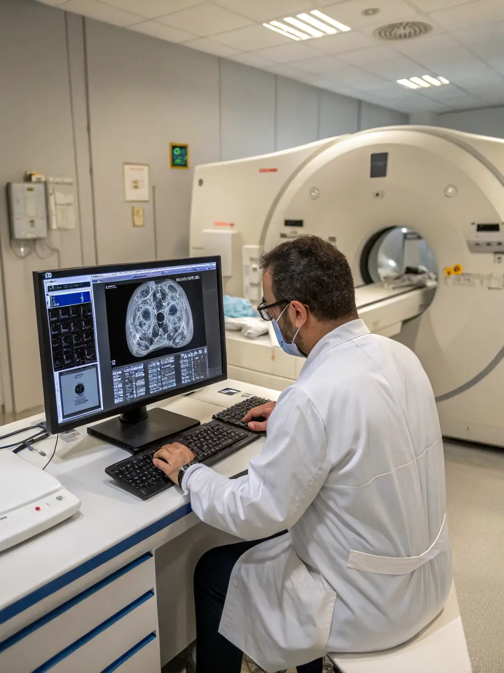 A detailed image of a radiologist meticulously analyzing an X-ray image on a digital display, emphasizing precision and expertise.